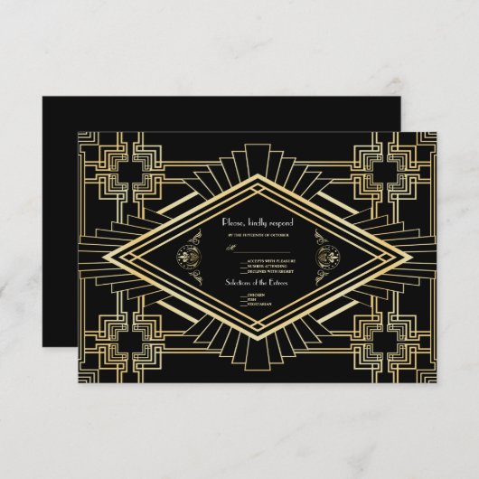 Glam Goud Zwart Great Gatsby Huwelijks RSVP (Voorkant / Achterkant)
