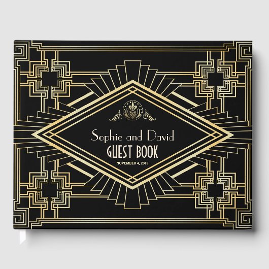 Glam Goud Zwarte Great Gatsby Bruiloft Gastenboek (Voorkant)