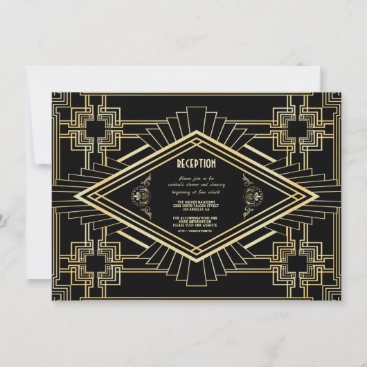 Glam Goud Zwarte Great Gatsby Bruiloftsreceptie Kaart (Voorkant)