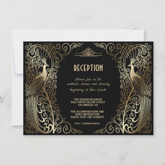 Glam Gouden Art Deco Pauwen Senior Reception Kaart (Voorkant)