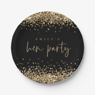 Glam Gouden Glitter Naam Hen Party Zwart Papieren Bordje