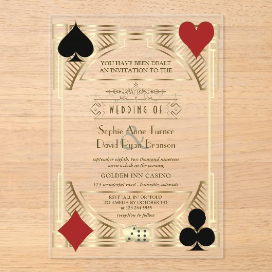 Glam Gouden Lijst Casino Las Vegas Poker Bruiloft Acryl Uitnodigingen (Voorkant)