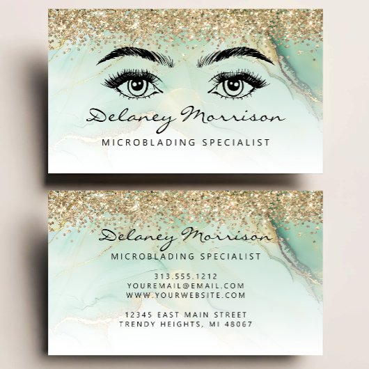 Glam Green Marble Gold Glitter Eyes Microblading Visitekaartje