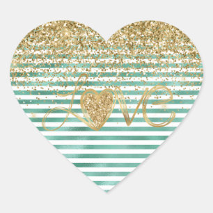 Glam Green White Stripes Gold Glitter Heart Love Hart Sticker