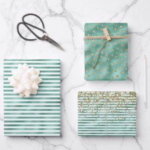 Glam Green White Stripes Gold Glitter Inpakpapier Vel