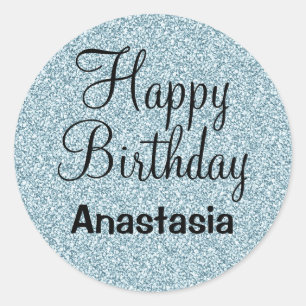 Glam Happy Birthday Blue Silver Glitter Sparkles Ronde Sticker