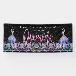 Glam Happy Birthday Dancers Quinceanera Roze Zwart Spandoek