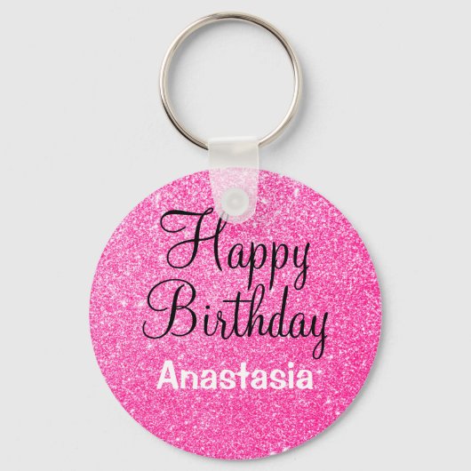 Glam Happy Birthday Hot Pink Glitter Sparkle Name Sleutelhanger (Voorkant)