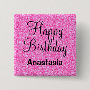 Glam Happy Birthday Hot Pink Glitter Sparkle Name Vierkante Button 5,1 Cm