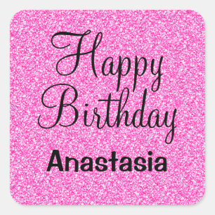 Glam Happy Birthday Hot Pink Glitter Sparkle Name Vierkante Sticker