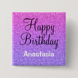 Glam Happy Birthday Ombre Paars Glitter Sparkels Vierkante Button 5,1 Cm