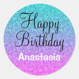 Glam Happy Birthday Ombre Pink Blue Paars Glitter Ronde Sticker