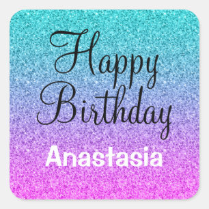 Glam Happy Birthday Ombre Pink Blue Paars Glitter Vierkante Sticker