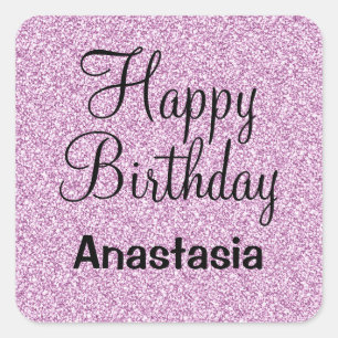 Glam Happy Birthday Paars Glitter Sparkle Name Vierkante Sticker