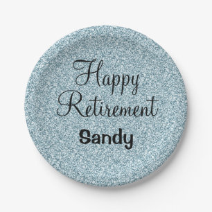 Glam Happy Retirement Blue Silver Glitter Sparkles Papieren Bordje