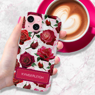 Glam Heet Roze Paarse Rozen Marmeren Monogram Naam