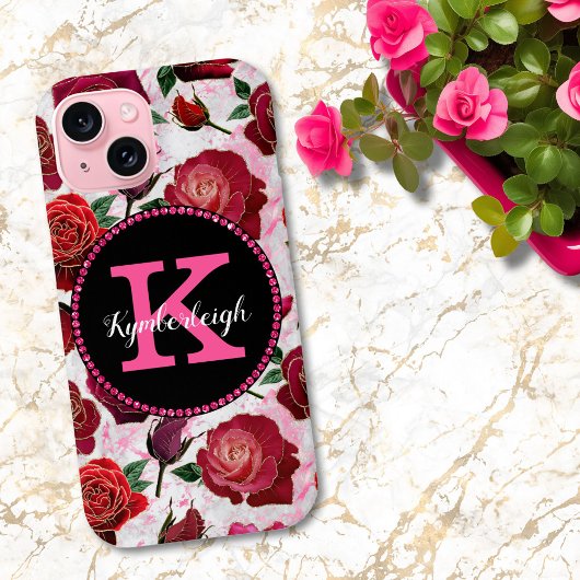 Glam Heet Roze Rozen Marmeren Diamant Monogram Naa Case-Mate iPhone Case