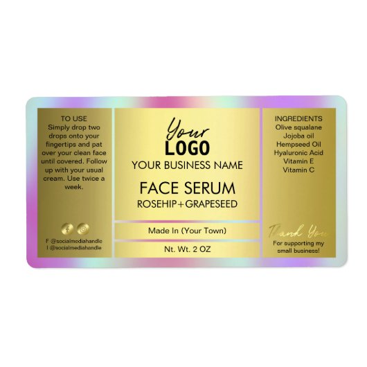 Glam-holografisch en goudoliereserumlabel etiket (Voorkant)