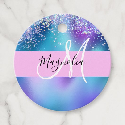 Glam Holographic Mermaid Glitter Sparkle Monogram Bedankjes Labels (Voorkant)