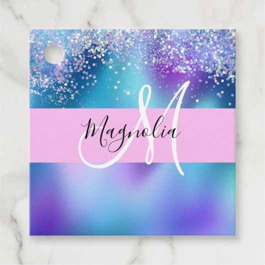 Glam Holographic Mermaid Glitter Sparkle Monogram Bedankjes Labels (Voorkant)