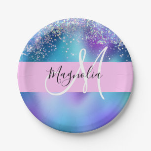 Glam Holographic Mermaid Glitter Sparkle Monogram Papieren Bordje