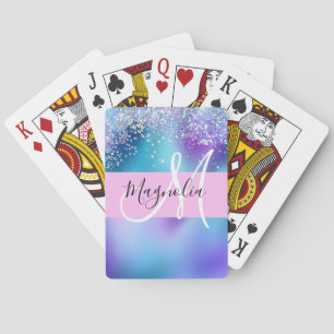 Glam Holographic Mermaid Glitter Sparkle Monogram Pokerkaarten