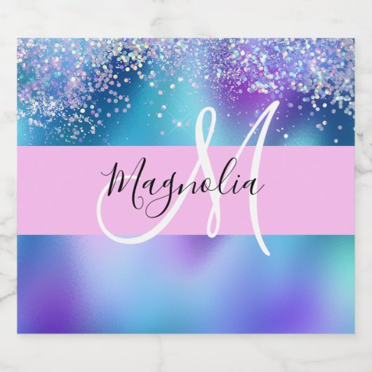 Glam Holographic Mermaid Glitter Sparkle Monogram Sparkling Wijnetiket (Enkel label)