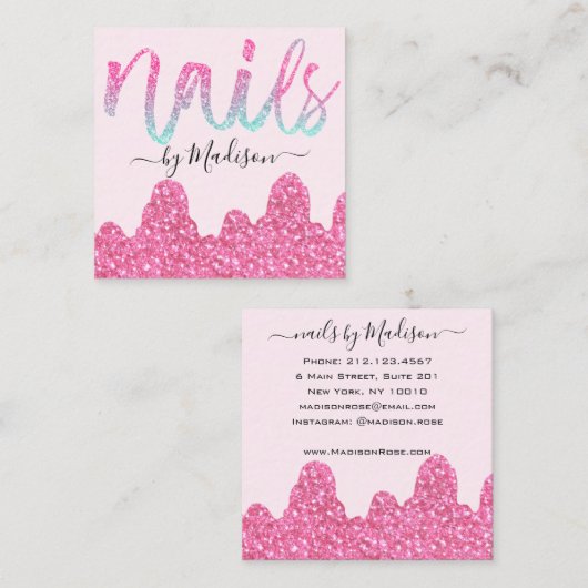 Glam Hot Pink Glitter Drips Nagels Manicure Salon Vierkante Visitekaartje (Voorkant / Achterkant)