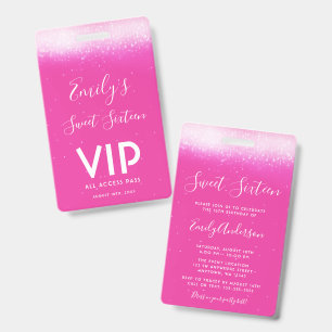 Glam Hot Pink Sweet 16 Uitnodiging VIP Pass Badge
