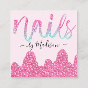 Glam Hot Roze Glitter Druppels Nagels Manicure Sal Vierkante Visitekaartje