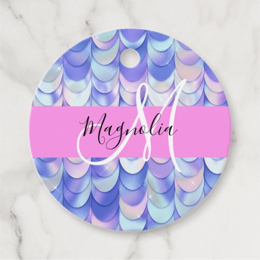 Glam Iridescent Blue Mermaid Scales Name Monogram Bedankjes Labels (Voorkant)