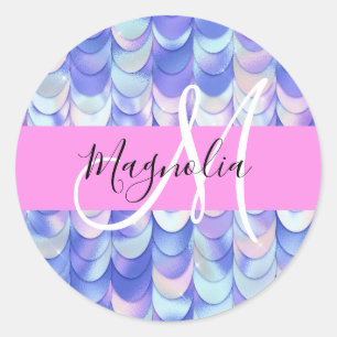 Glam Iridescent Blue Mermaid Scales Name Monogram Ronde Sticker