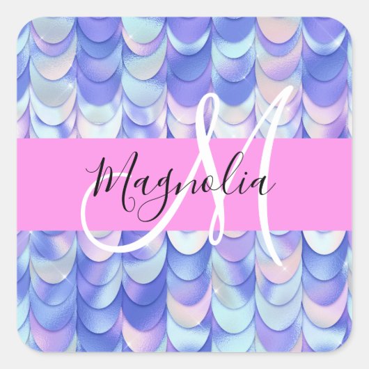Glam Iridescent Blue Mermaid Scales Name Monogram Vierkante Sticker (Voorkant)