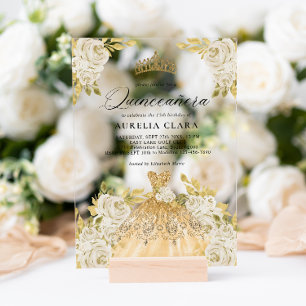 Glam Ivory Gouden Jurk Bloemen 15e Quinceañera Acryl Uitnodigingen