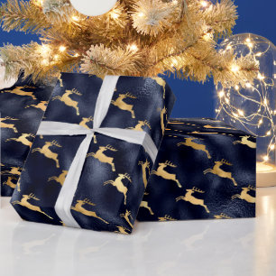 Glam kerst hertenpatroon Navyblauw Goud Folie Cadeaupapier