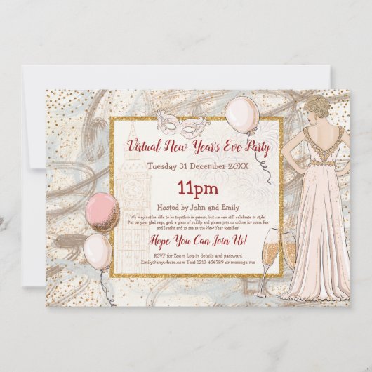 Glam Lady Confetti Sparkly Virtual New Year Party Kaart (Voorkant)