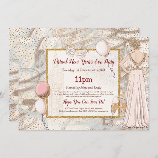 Glam Lady Confetti Sparkly Virtual New Year Party Kaart (Voorkant / Achterkant)
