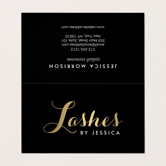 Glam Lashes Script Tekst Goud/Zwart Nazorg Visitekaartjes (Buitenkant ongevouwen)