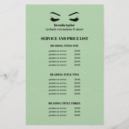 Glam LEATHER GREEN EYELASH SALON SERVICE LIST Flyer (Voorkant)