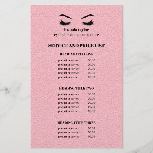 Glam LEER roze WIMPER SALON SERVICE LIJST Flyer (Voorkant)