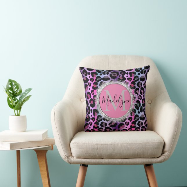 Glam Leopard Pink en Paars Monogram Kussen (Stoel)