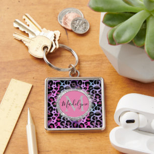 Glam Leopard Pink en Paars Monogram Sleutelhanger
