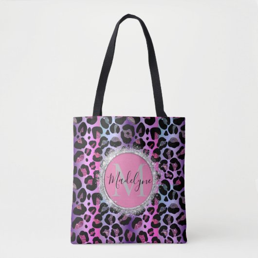 Glam Leopard Roze en Paarse Monogram Glitter Draagtas (Voorkant)