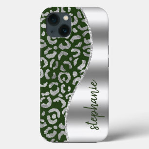 Glam Leopard Spots Metallic Silver Green Name iPhone 13 Hoesje