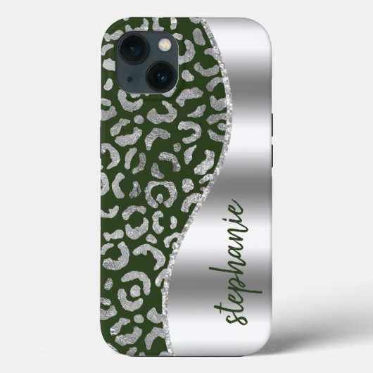 Glam Leopard Spots Metallic Silver Green Name Case-Mate iPhone Case (Achterkant)