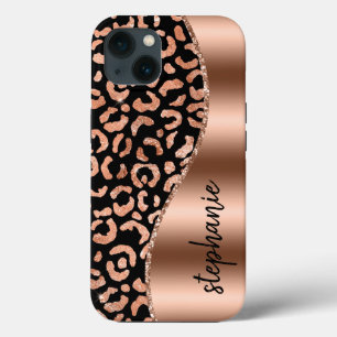 Glam Leopard Spots Roos Gold Black Metallic Name iPhone 13 Hoesje