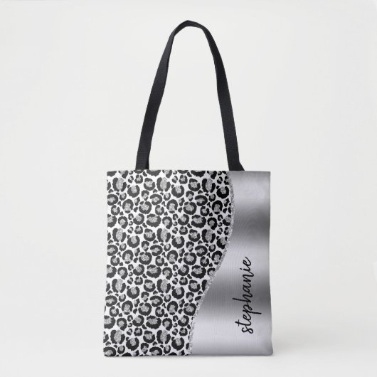 Glam Leopard Spots Zwart Zilver Metallic Naam Draagtas (Voorkant)