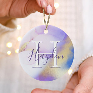 Glam Lila Gold Abstract Verf Elegant Monogram Keramisch Ornament