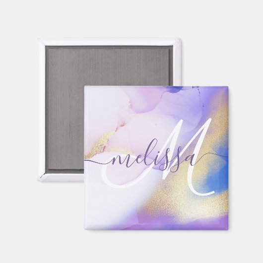 Glam Lila Gold Abstract Verf Elegant Monogram Magneet (Voorkant / Achterkant)
