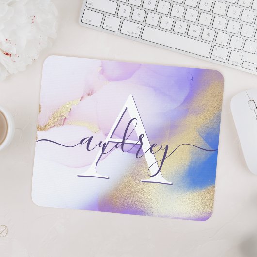 Glam Lila Gold Abstract Verf Elegant Monogram Muismat